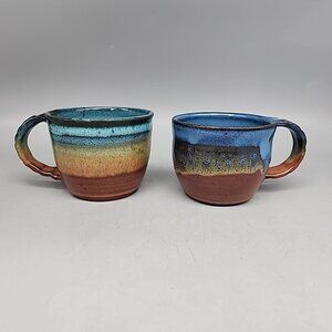 Handmade Stoneware Mugs Turquoise Blue Set of 2 Handled Signed